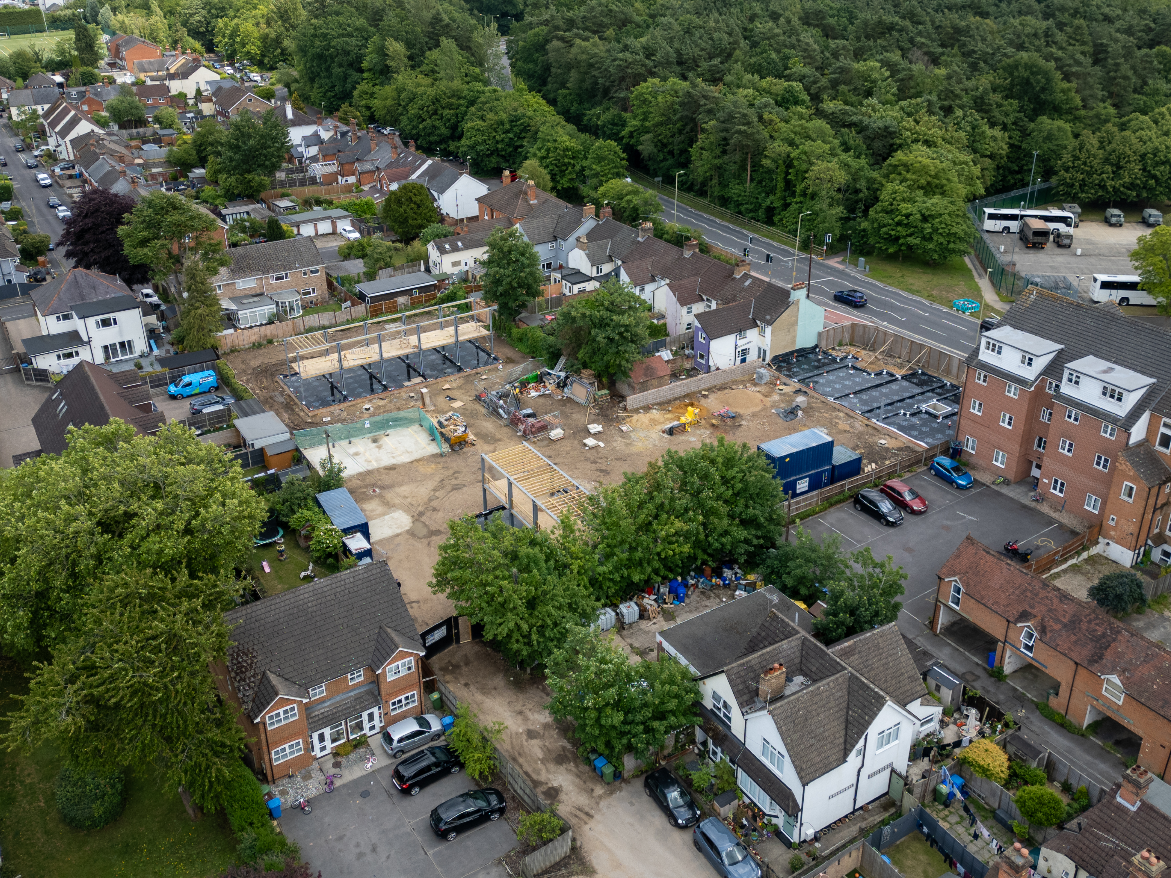 Aerial overview groundworks and steel frame commencement